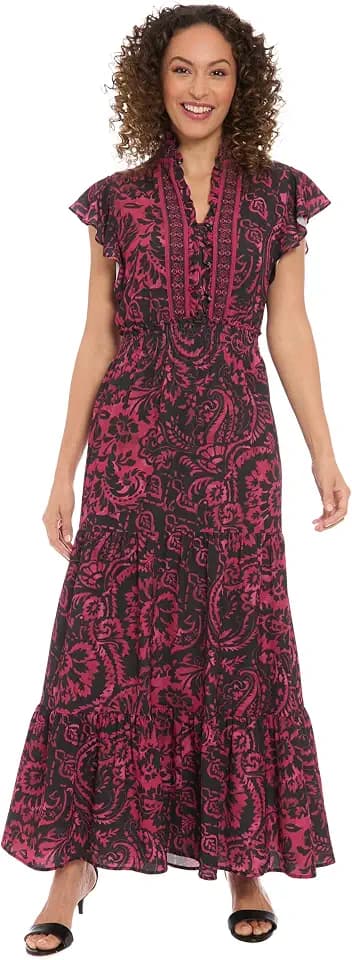 London Times Women's Women's Mandarin Collar Flutter Sleeve Maxi Dress with Tiered Skirt and Front Placket