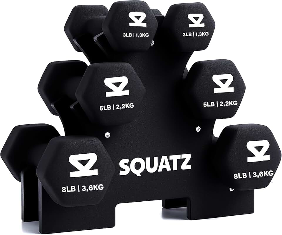 SQUATZ Neopren Hantelset Mit Ständer 14,5 kg Kurzhanteln 3 Paar – Hanteln Set Frauen Für Home Gym Krafttraining Pilates Yoga Mit Rutschfestem Griff
