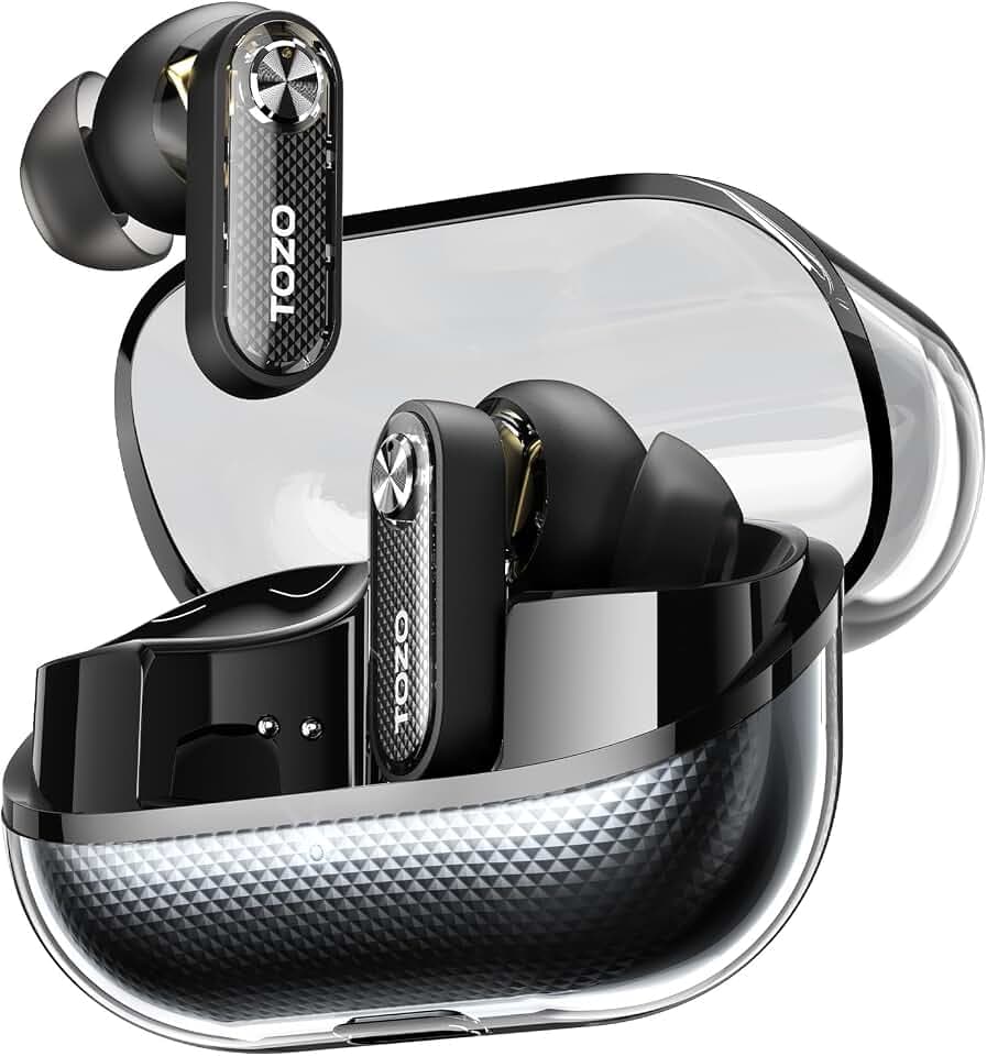 TOZO Crystal Pods Hybrid Active Noise Cancelling Wireless Earbuds, Black