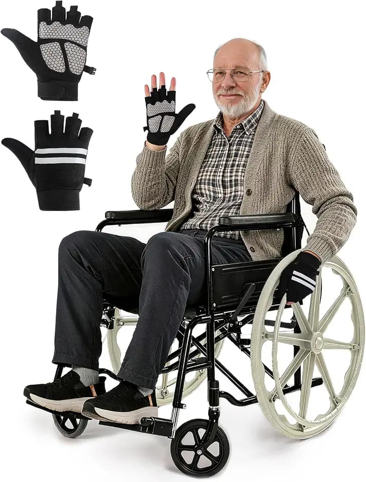 Padded Wheelchair Gloves with Grip for Men & Women, Shock Absorbing Anti-Slip Rubber Palms, Half-Finger Design for Daily Mobility & Sports, Reflective Safety Strips, Disabled Gloves