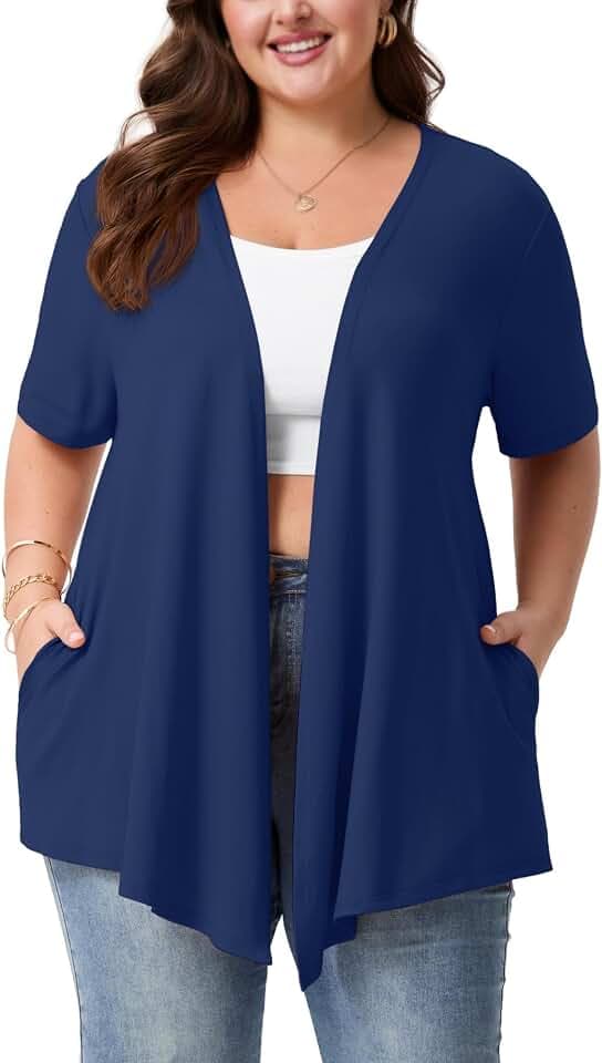 SHIJIALI Women's Plus Size Short Sleeve Cardigan Lightweight with Pockets
