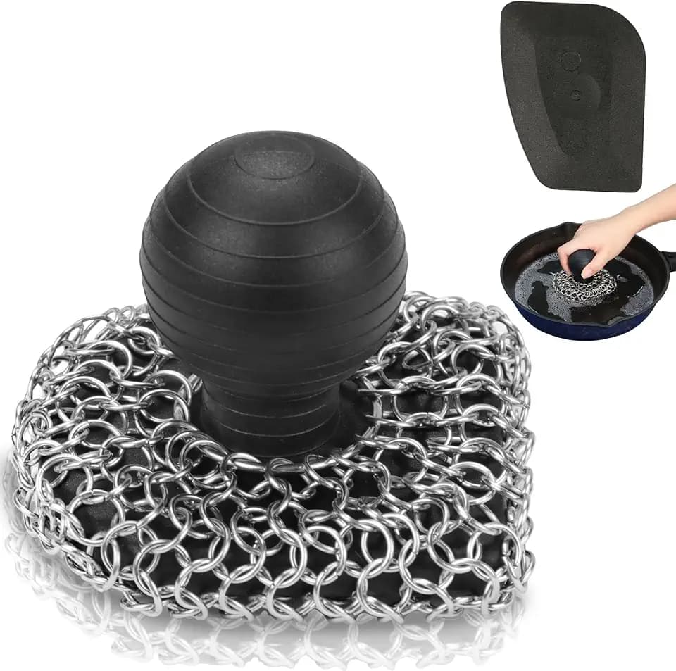 Cast Iron Scrubber with Pan Scraper, 316 Chainmail Scrubber for Cast Iron