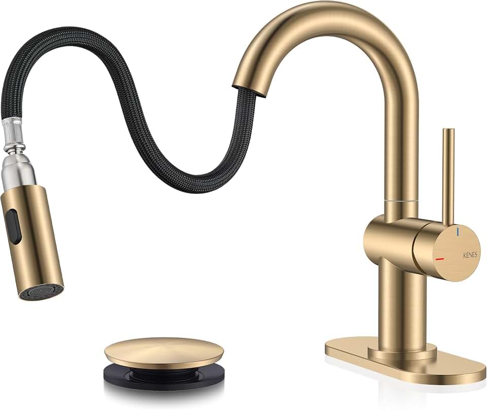 KENES Champagne Bronze Pull Down Bathroom Faucet, 1 Handle Vanity Faucet