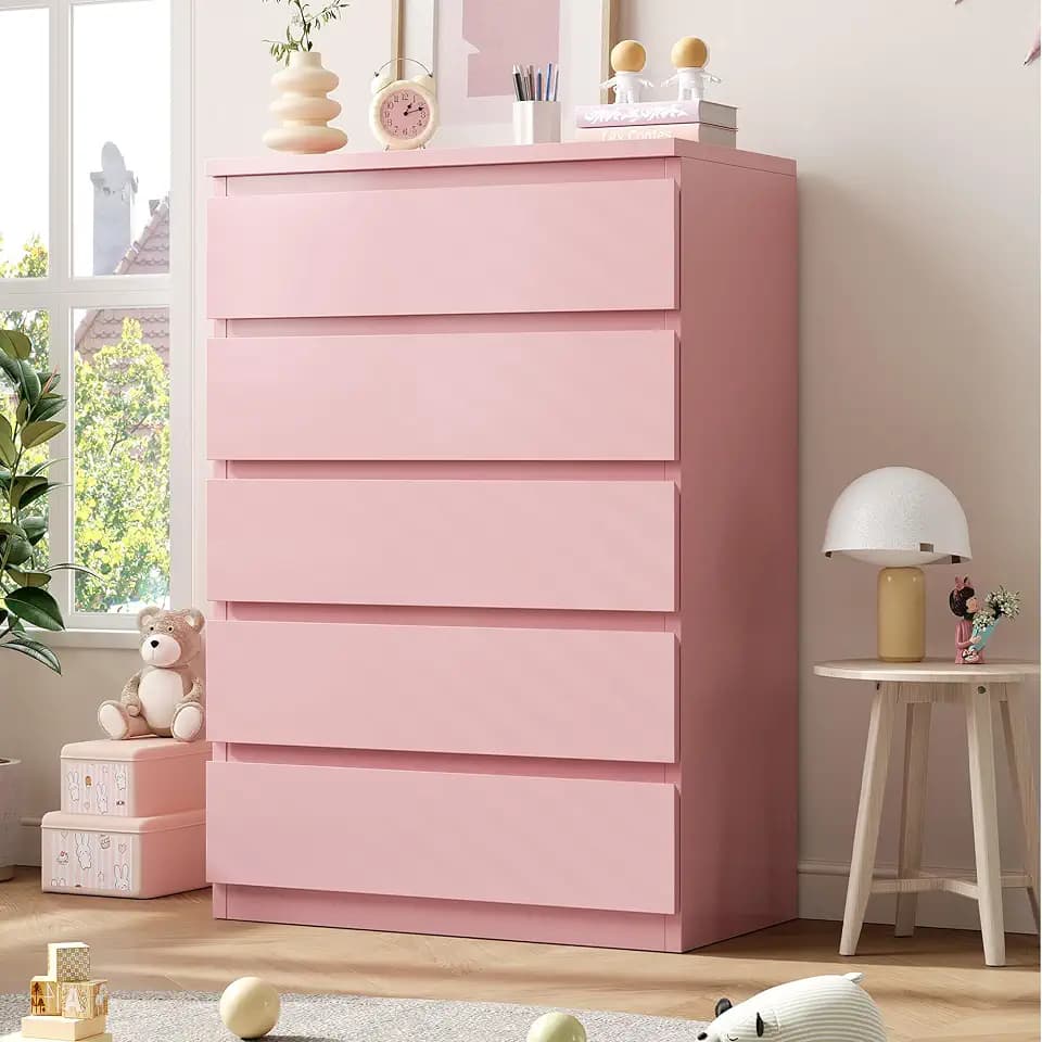 Jocoevol Pink 5 Drawer Dresser for Bedroom, 15" D x 23.7" W x 40.4" H in Simply Chest of Drawers, Wood Storage Dresser with Drawers for Living Room Hallway Entryway, Pink