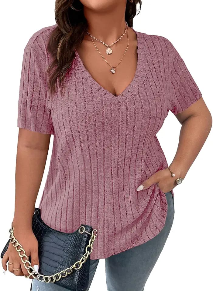 Koscacy Women's Plus Size Casual Tops V Neck Solid Color Shirts Lightweight Short Sleeve Blouses