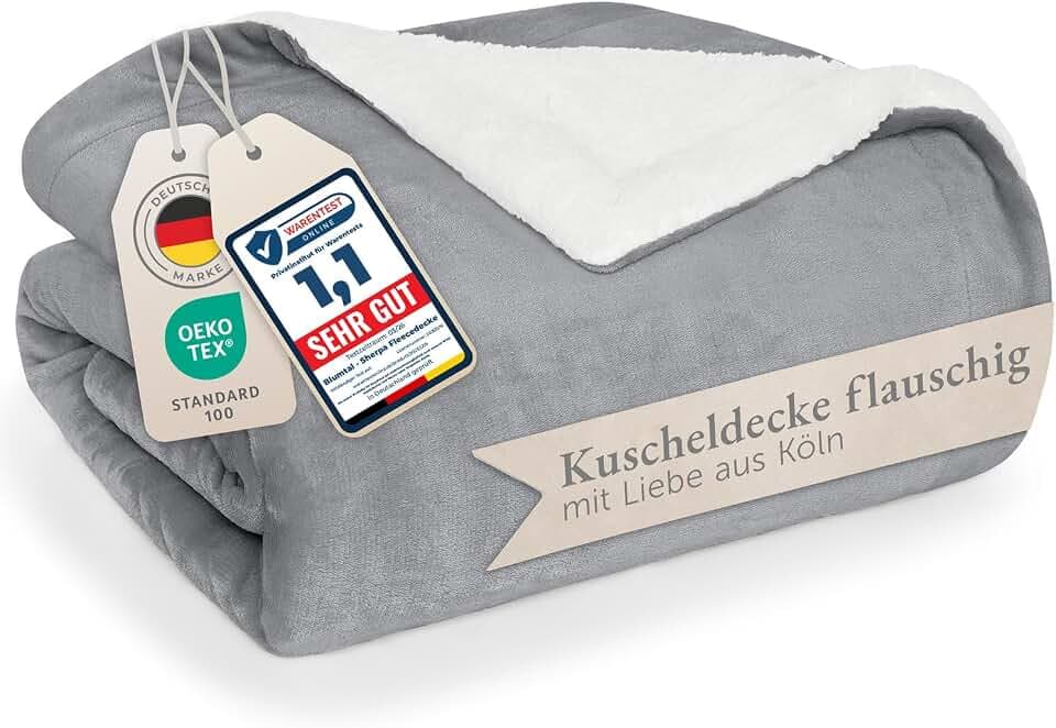 Blumtal Premium Sherpa Kuscheldecke flauschig 150x200 cm - Oeko-Tex zert. Sofa Decke mit Dicker Sherpa-Innenseite - super Flauschige Decke extra dick und wärmend - Wohn- & Kuscheldecken - Grau