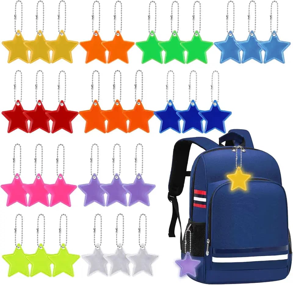 Zocipro 32/30 Stück Reflektoren Anhänger Kinder, Sicherheits Stern Reflektor Anhänger für Schultasche Rucksack Radfahren, Bunt Reflektoren Kinder