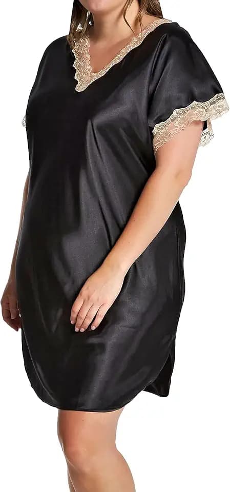 Shadowline Women's Sleepshirt Charming Satin Lace Trim Short Silky Nightgown