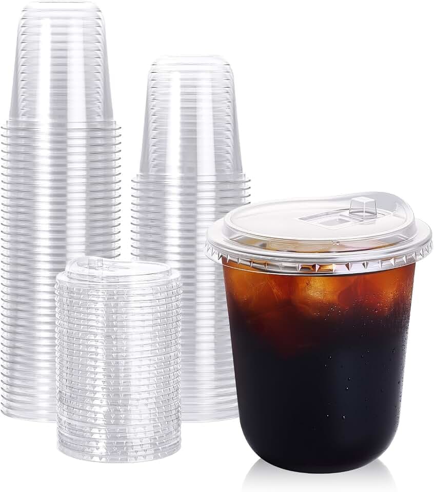 Turbo Bee 12oz Plastic Cups with Lids, 100 Pack, Iced Coffee Cups with Lids
