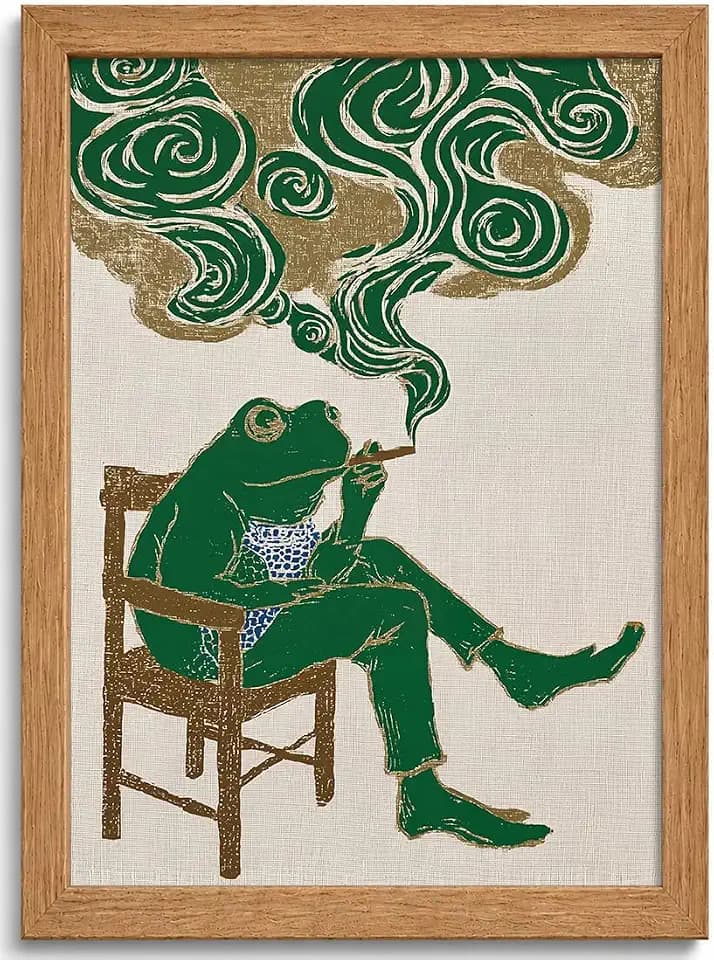 Framed Funny Smoking Frog Canvas Wall Art for Bathroom Men's Cave Decor