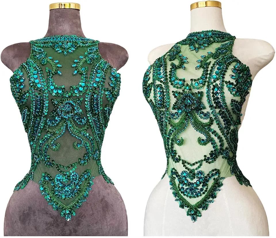 Handmade Beads Rhinestones lace Applique Bodice Patches Trimming sew on Sequins Stones Beads Shining for Wedding Evening Dance Dress Decoration (Deepgreen)