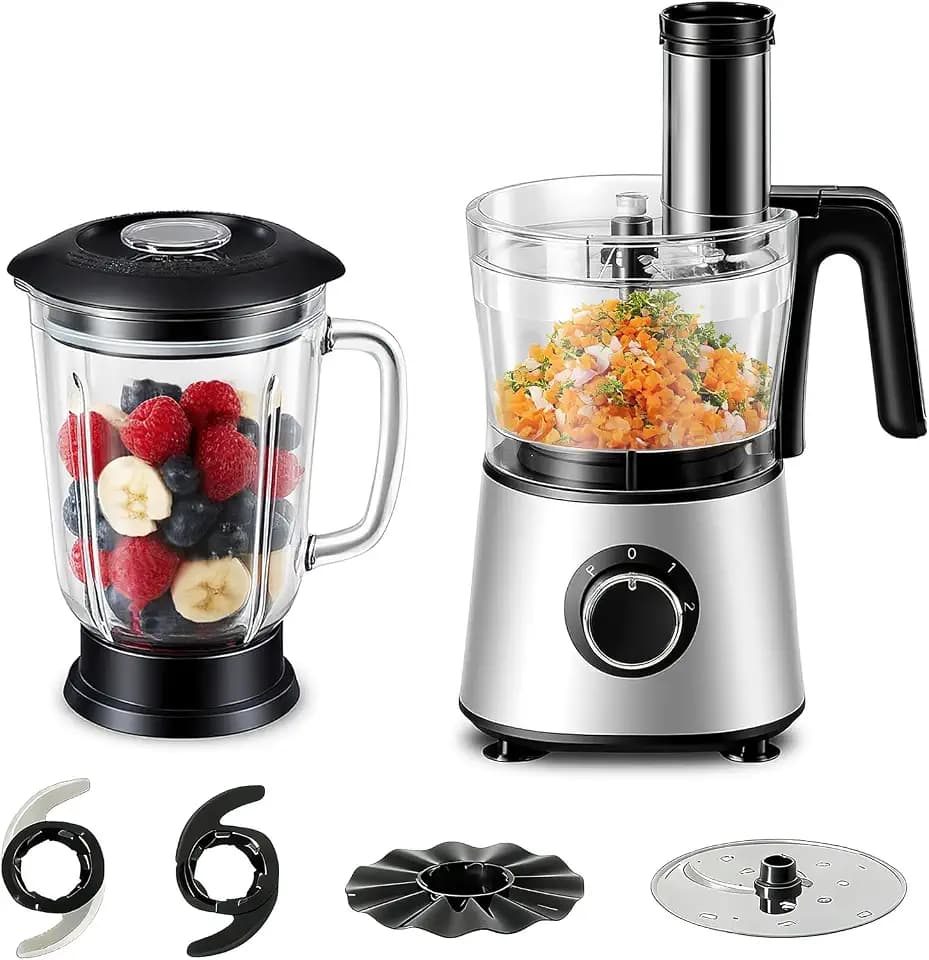 Sweetcrispy Food Processor Blender Combo for Vegetable, Dough, Electric Food Processors Slicing, 6 Cup Chopper for Meat, Puree, 2 Speeds, Sharp Blades, Safety Lock with 1.5L Glass Jar