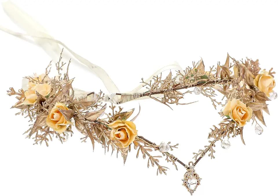 MOSTORY Gold Fairy Flower Crown, Floral Elf Crowns Headpiece for Women