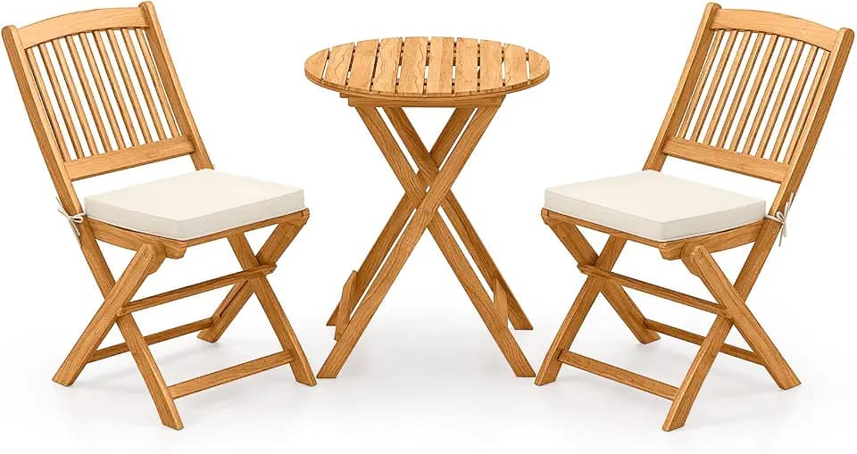 FANTASK 3tlg. Gartenmöbel Set, Runder Bistrotisch mit 2 Stühlen, klappbares Balkonmöbel-Set aus Akazienholz, Bistroset inkl. Rundtisch & 2 Stühlen mit 2 Kissen, Sitzgruppe für Garten, Balkon (Beige)
