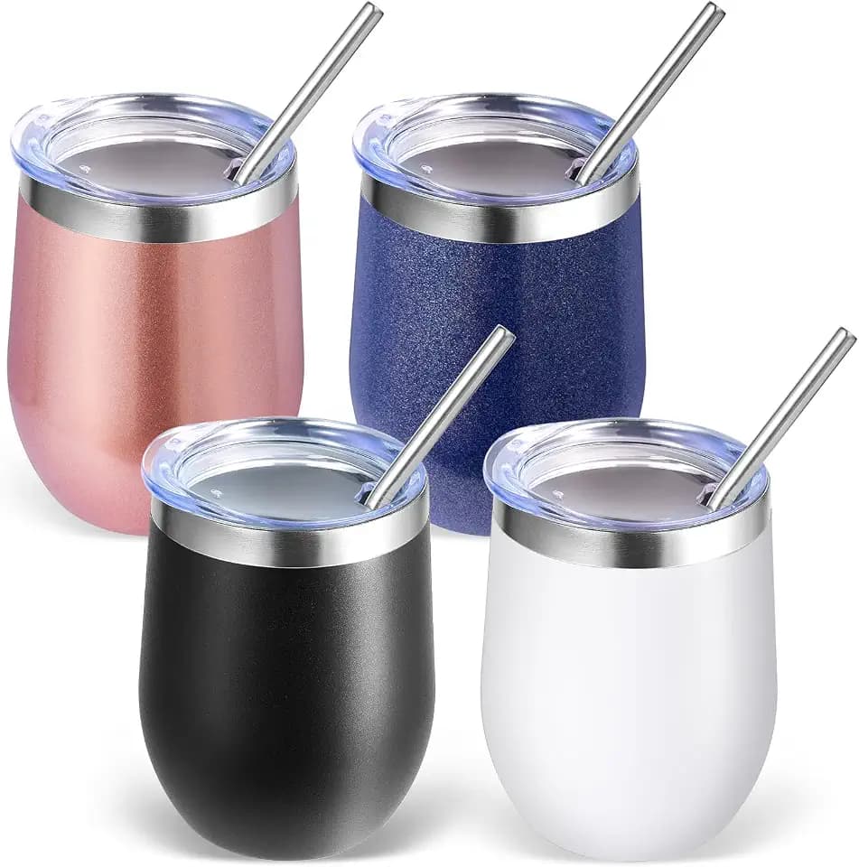 Volhoply 12oz Edelstahl Weinbecher mit Deckel Bulk 4 Pack,350ml Doppelwandige Vakuum Stemless Weingläser,Metall Reise-Kaffeebecher mit Strohhalm,Isolierte Tasse Geschenke für Frauen（Mix,4 Set）