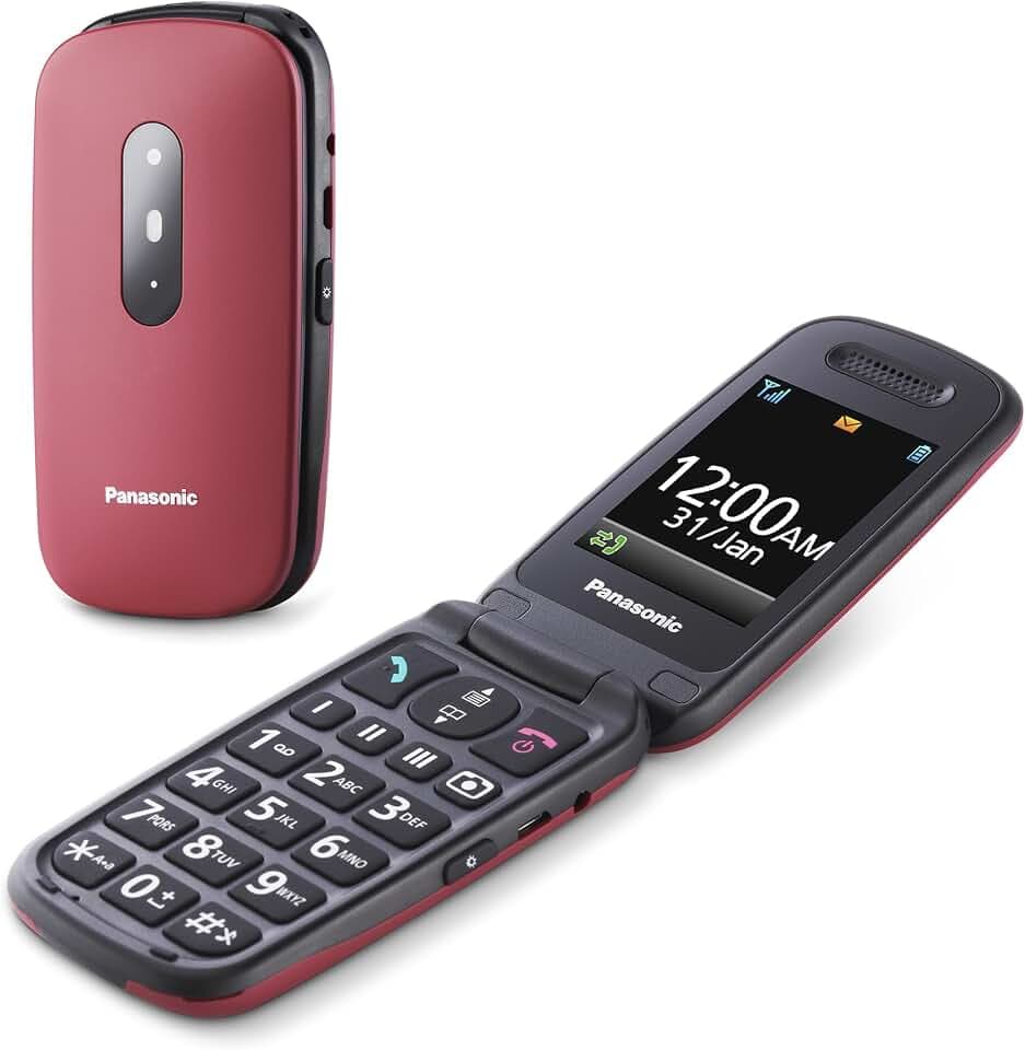 Panasonic KX-TU446EXR 2G Seniorenhandy ohne Vertrag (SOS-Notruftaste, Stoßfest, Sprachverstärker, große getrennte Tasten, große Schrift und Nummernanzeige, 2,4 Zoll Farbdisplay, Klapphandy, Rot