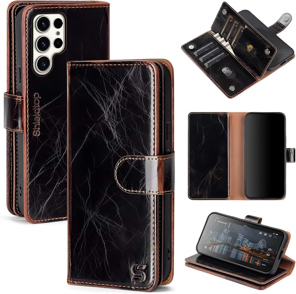 Shieldtop Compatible with Samsung Galaxy S23 Ultra 5G Wallet Case with Card Holder,Women Men RFID Blocking PU Leather Flip TPU Protective Cover Credit Card Slots,Phone Case for S23 Ultra,Coffee