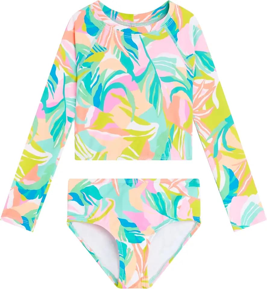 Kanu Surf Girls' Long Sleeve Rashguard UPF 50 Two Piece Swim Set