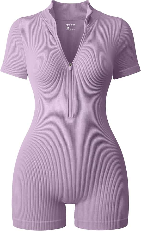 OQQ Women Rompers Casual Short Sleeve Zip Front Short Jumpsuits