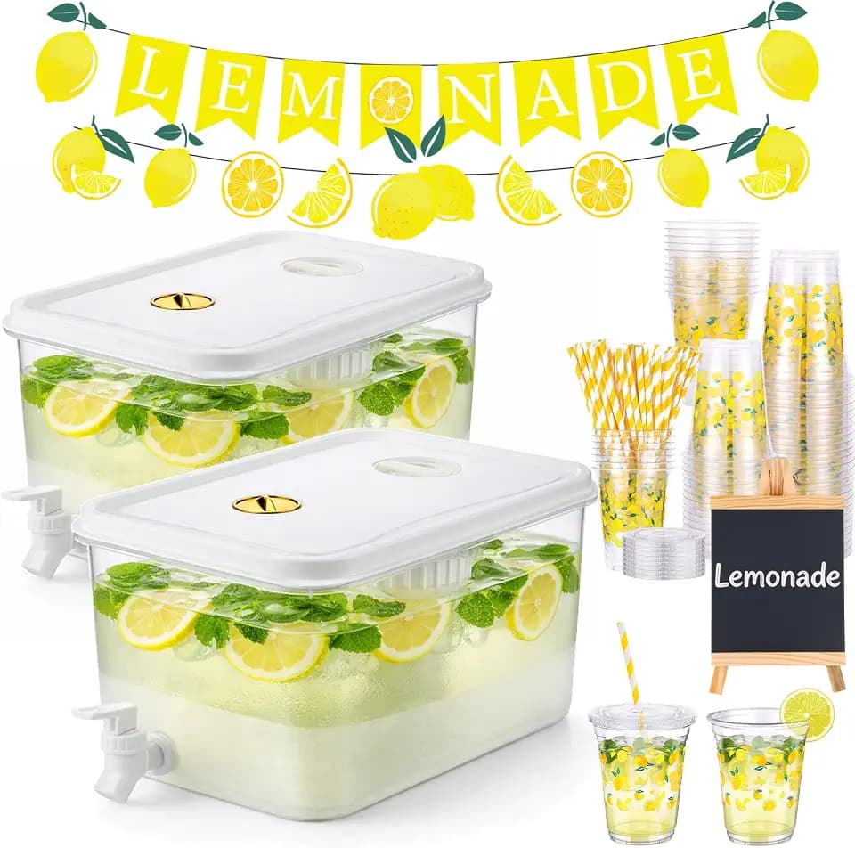 3.4 Gallon Lemonade Stand Supplies, 2 Pack Drink Dispenser with Spigot,50 Sets 12oz Lemon Disposable Cup with Lids Straws and Banners, Blackboard