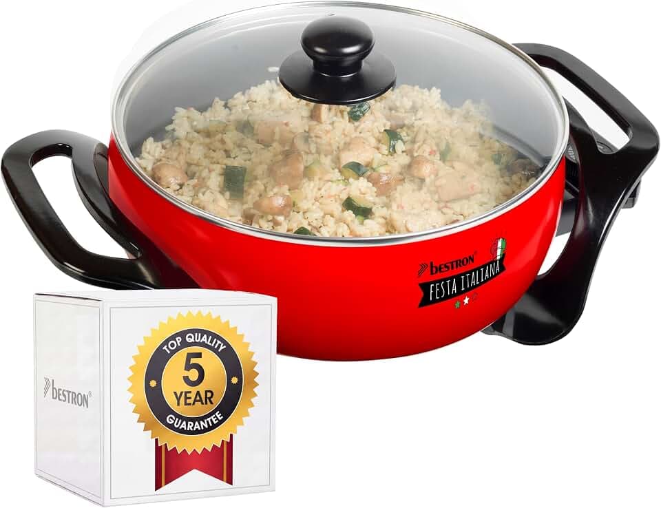 Bestron Partypfanne, XL-Multifunktionspfanne mit Glasdeckel im italienischen Design, Antihaftbeschichtet, 1.500 W, Rot/Schwarz