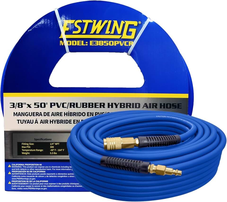 Estwing E3850PVCR 3/8" x 50' PVC/Rubber Hybrid Air Hose with 1/4" Brass Fittings , Blue