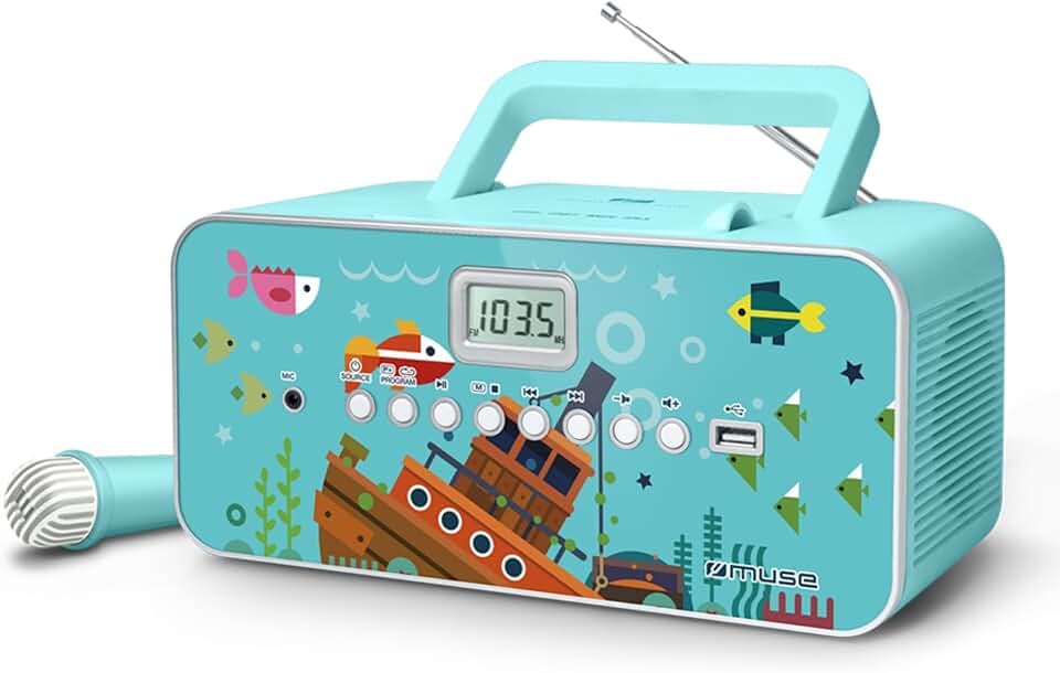 MUSE M-29KB Kinder CD-Radio mit Karaoke-Mikrofon, USB, MP3 & AUX-In | Sing-A-Long Karaoke, LCD-Display & Teleskopantenne – blaues Kinder-Radio mit Meeresmotiv zum Musikhören und Mitsingen