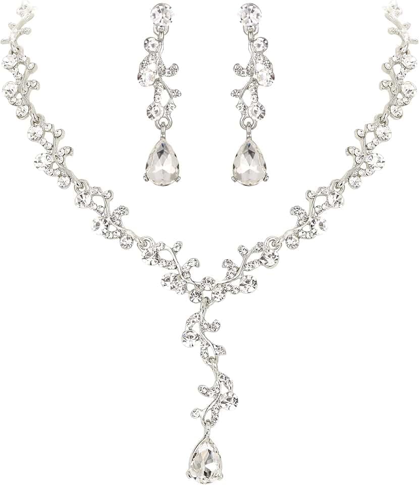 EleQueen Austrian Crystal Necklace Earrings Bridal Jewerly Set for Brides Wedding Party Dress Costume Accessories for Women Iridescent AB Silver-Tone