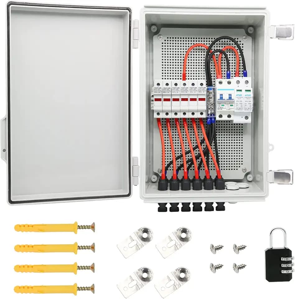 6 String Solar Combiner Box, IP65 Waterproof PV Combiner Box for On/Off Grid Solar System, with Lightning Arrester, 15ARated Current Fuse & 63A Circuit Breaker (Plastic Box)