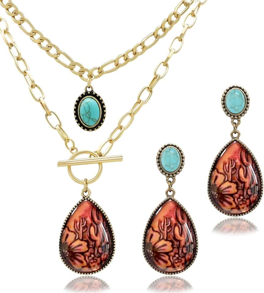 3 Pcs Western Turquoise Jewelry for Women Bohemian Set Cactus Turquoise Necklace Boho Dangle Earrings Country Concert Cowboy Chic Outfits for Women Jewelry Gifts Xmas Stocking Stuffers
