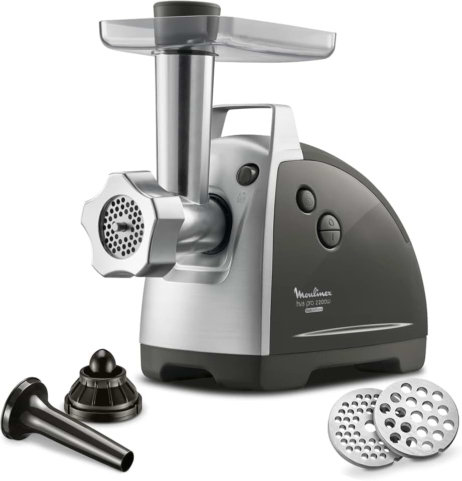 Moulinex ME6868 Meat Mincer Fleischwolf | 2200 Watt | 4 Zubehörteile inbegriffen | sicheres Reverse-System | schwarz/silber