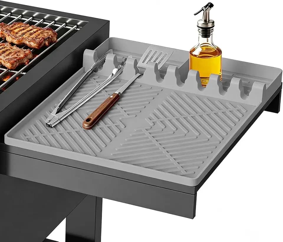 Thickened 16x11.5 Silicone Mat for Blackstone Griddle, Non-Slip Spatula Holder Mat with Grease Drip Pad, Heat-Resistant Outdoor Counter BBQ Accessory, Ideal Gifts for Men, Gray