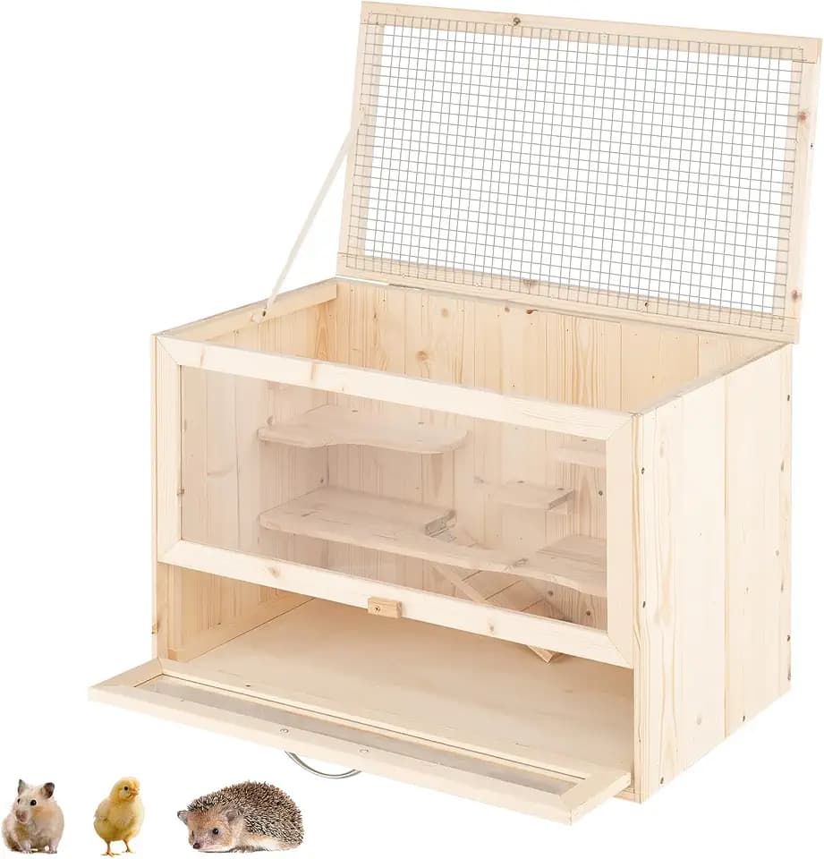 FANTASK Hamsterkäfig mit klappbarem Deckel, Nagerkäfig mit Netz-Klappdeckel, Multi-Leitern Bereiche, Rampe, Acryl-Panel & abschließbare Tür, Kleintierkäfig, 60 x 35,5 x 42 cm