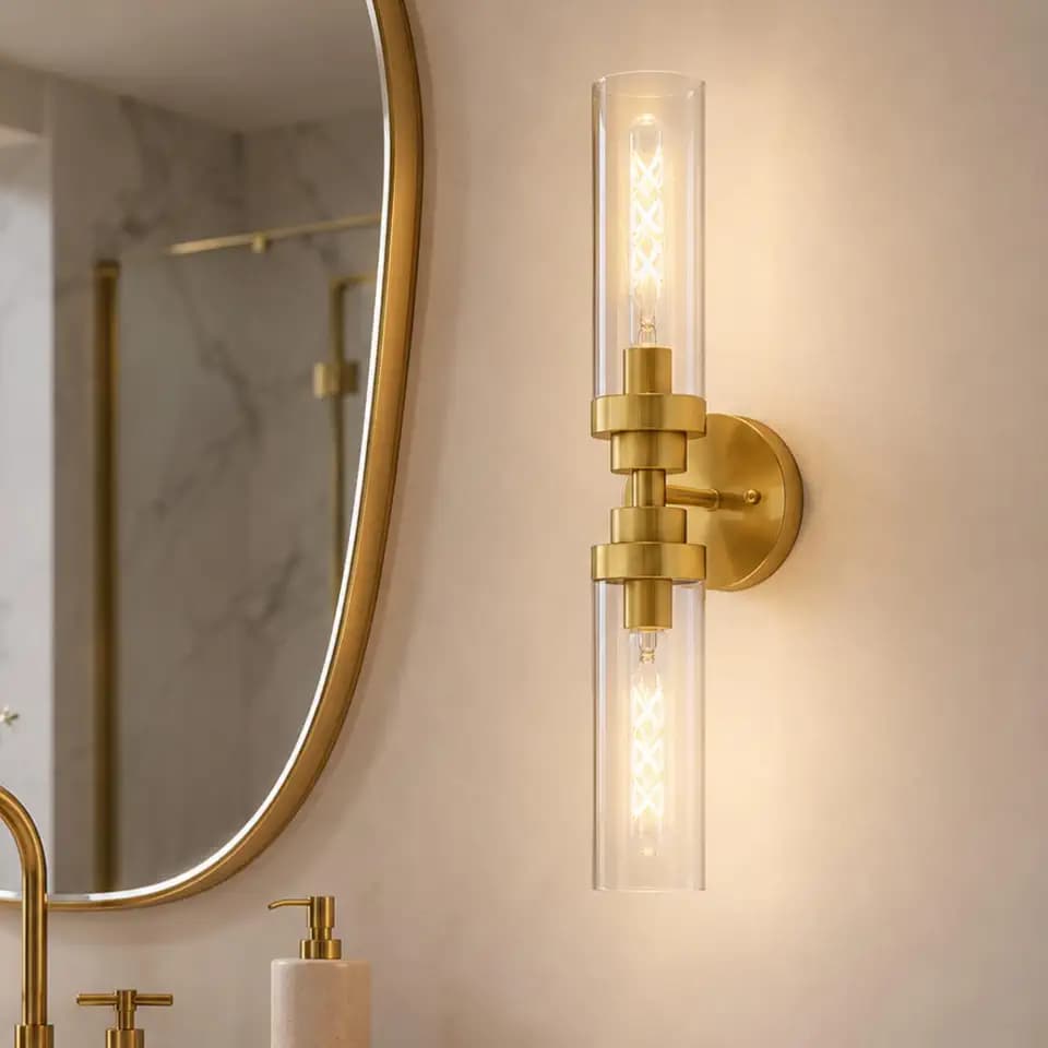 Emak 2-Light Bathroom Vanity Light Fixtures, Modern 22 Inch Brushed Gold Vanity Lights with Clear Glass Shade, Cylinder Wall Sconces for Bathroom, Bedroom, Hallway, VL085-BGD-2