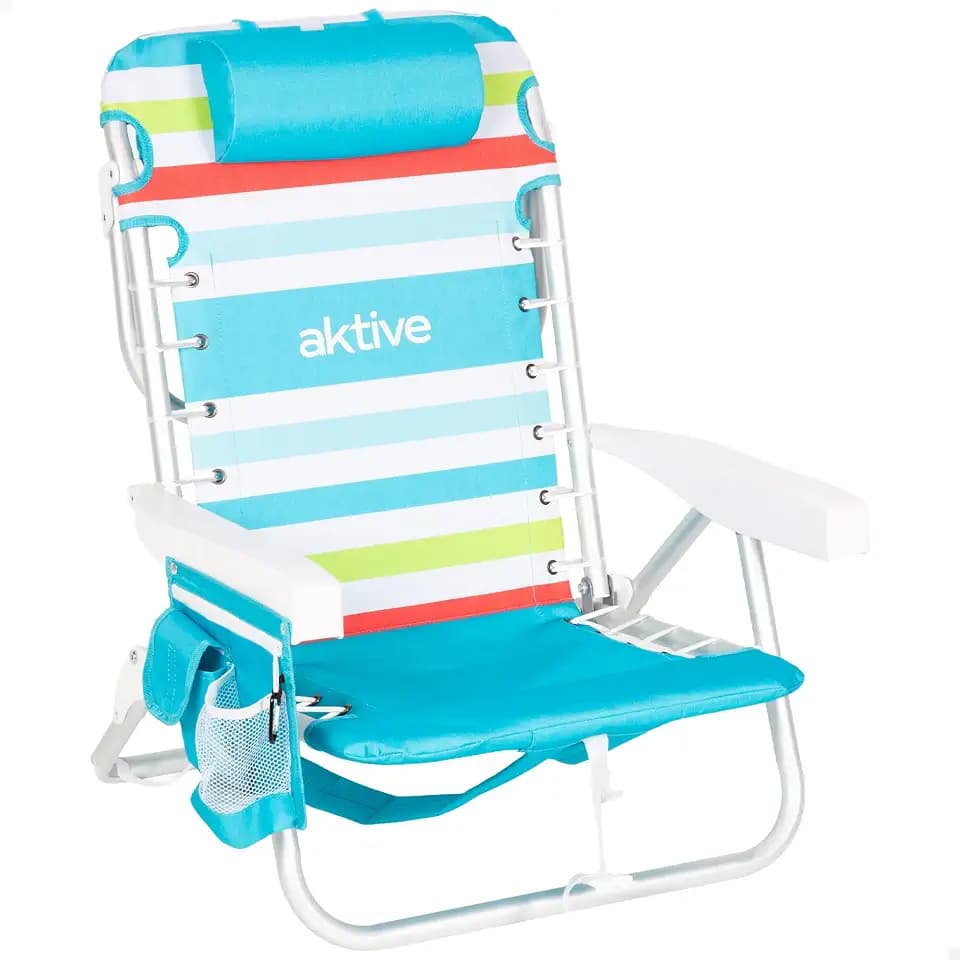 AKTIVE Strandstuhl, faltbar, Mehrfarbig, 50 x 53 x 77 cm, 5 Positionen, Aluminium und Polyester, Tragkraft 110 kg, Seiten- und Rücktasche, Kühltasche, Kissen, Transport Rucksack (62544)