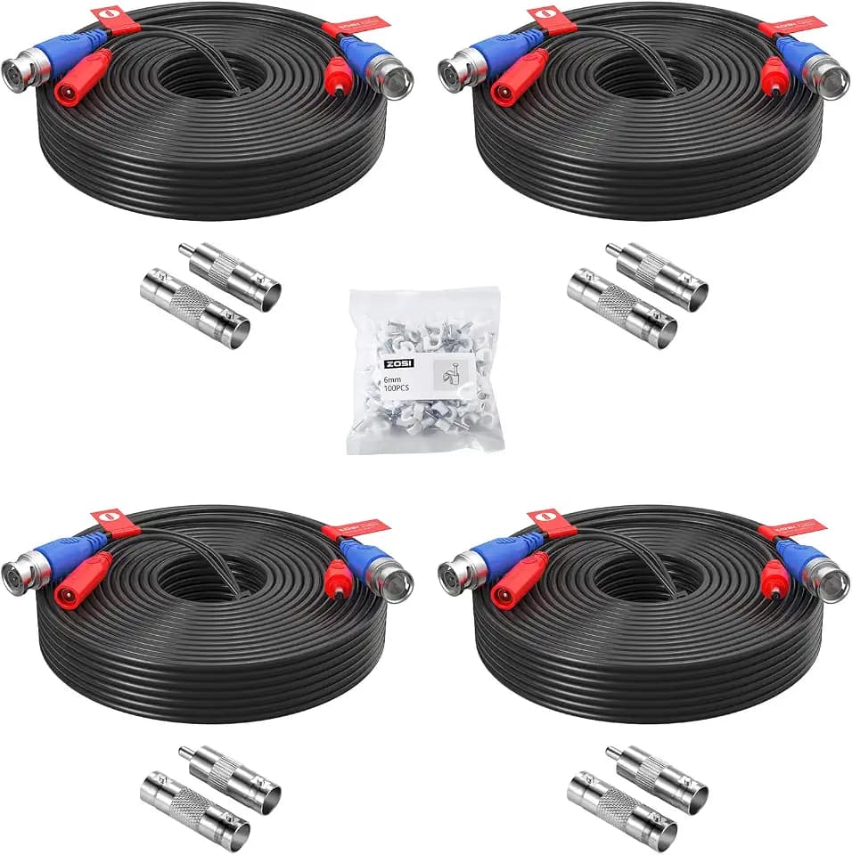 ZOSI 4 Pack 60Feet 18m All-in-One CCTV Video Power Cables, BNC Extension Security Wire Cord for 960H/720P/960P/1080P Video Surveillance Camera DVR System With BNC RCA Connector,100pcs Cable Clips