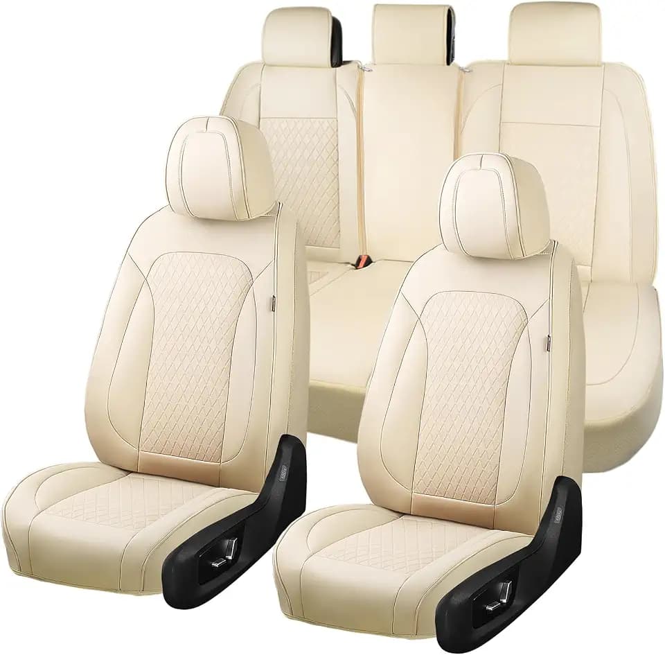 Coverado Car Seat Covers Full Set, Leather Seat Covers for Cars, Waterproof Car Seat Protectors, Durable Front and Back Car Seat Cushions Automotive Seat Covers Universal Fit for Most Cars, Beige