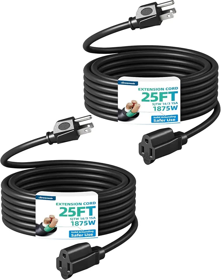 DEWENWILS 2Pack 25FT 15A Outdoor Extension Cord 14/3 SJTW Black, ETL Listed