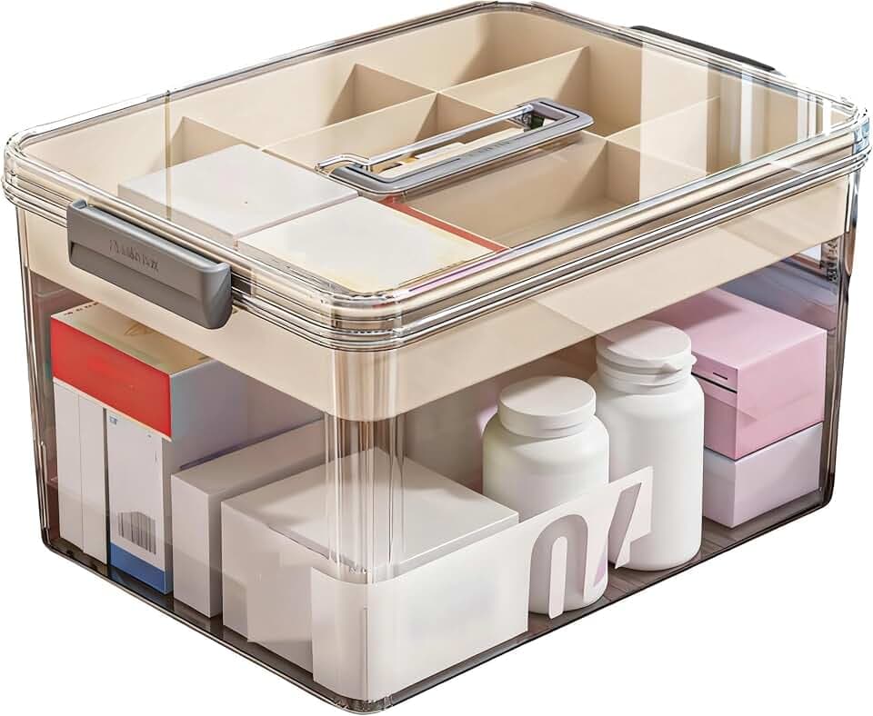 Medikamentenbox,Medizinbox,Medikamenten Aufbewahrung Box, 2 Schicht Tragbare Medikamentenbox,Arzneimittel Box,Arzneimittel aufbewahrung mit Griff, für Zuhause, Studentenwohnheim und Büro(Braun)