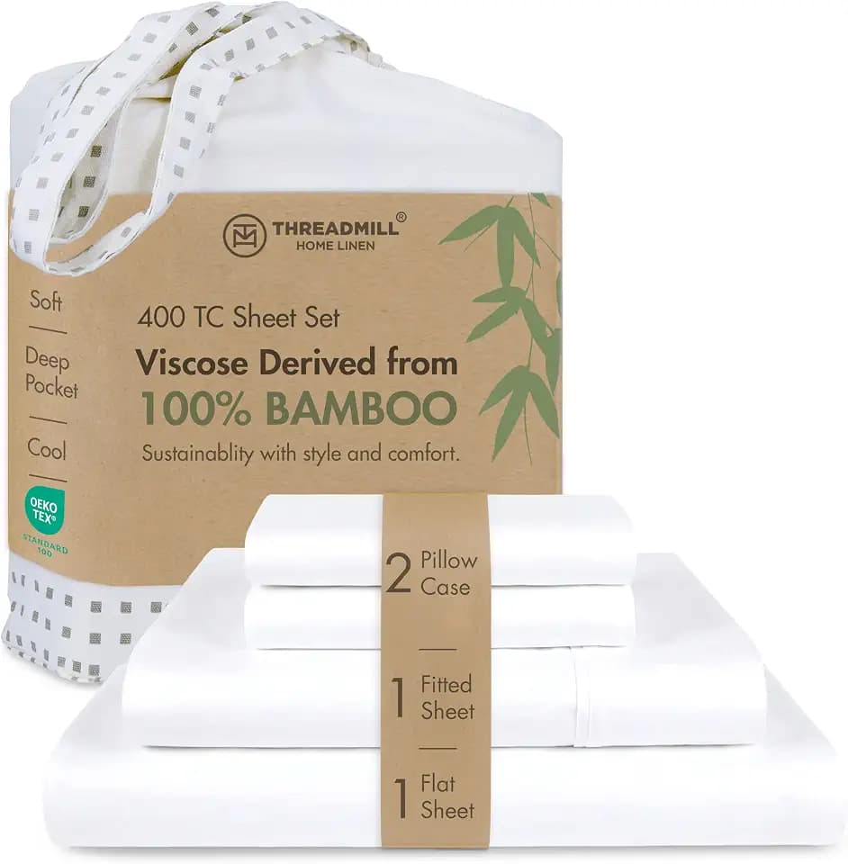 Threadmill Luxury Viscose Made from Bamboo Sheets King Size | Hotel Like Soft with Deep Pockets |Breathable and Cooling for Mattress Bedding Bright White