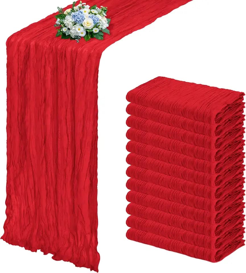 12 Pack Red Cheesecloth Table Runner 17x108 Inch Semi Sheer Boho Gauze Cheese Cloth Fabric Table Runners, for Wedding Party Baby Shower Birthday Home Decor Garden Farmhouse