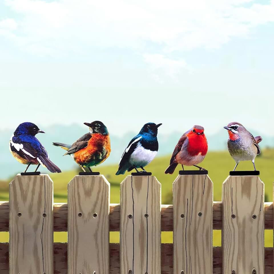 HUYIENO 5PCS Vivid Metal Birds Fence Decor 2D Dual Side Color Painted Outdoor Garden Natural Bird Sculptures for Outdoor Fences, Patio, Garden and Bird Lovers