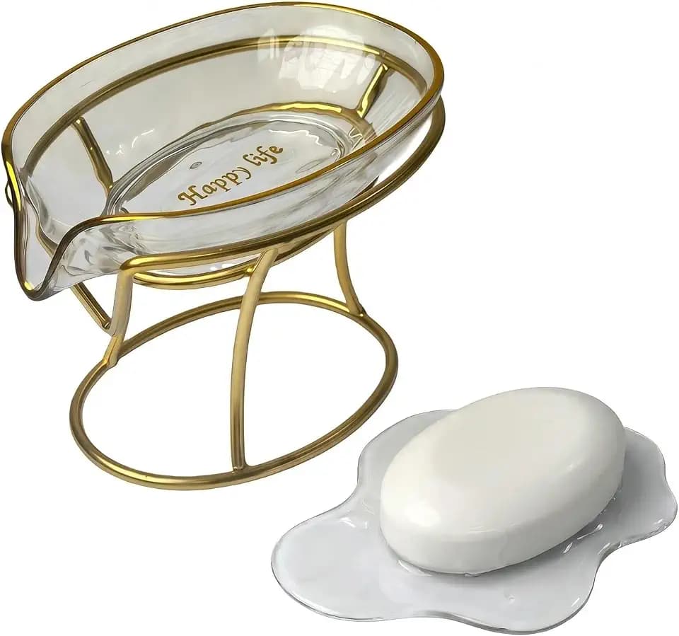 Leaf Shaped Gold Soap Dish for Shower, Self Draining Soap Holder