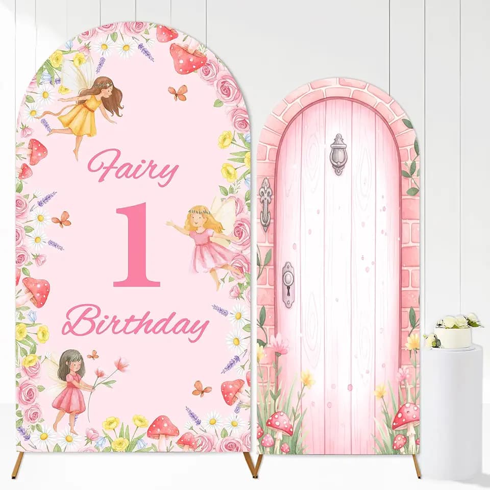 2PCS Fairy First Birthday Arch Backdrop Cover Pink 6ft 7.2ft Stretchy Spandex Fitted Floral Mushroom House Backdrop Arch Stand Cover for Girl Fairy 1st Birthday Party Decors Supplies