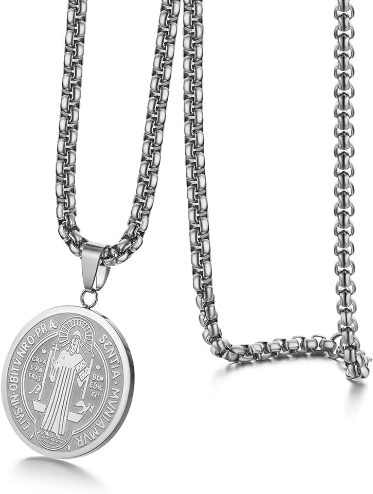 JewelryWe Schmuck Retro Herren Halskette Edelstahl Heilig Saint Benedikt Kreuz Christliche Katholische Runde Medaille Anhänger mit 22 Zoll Kette Silber/Gold