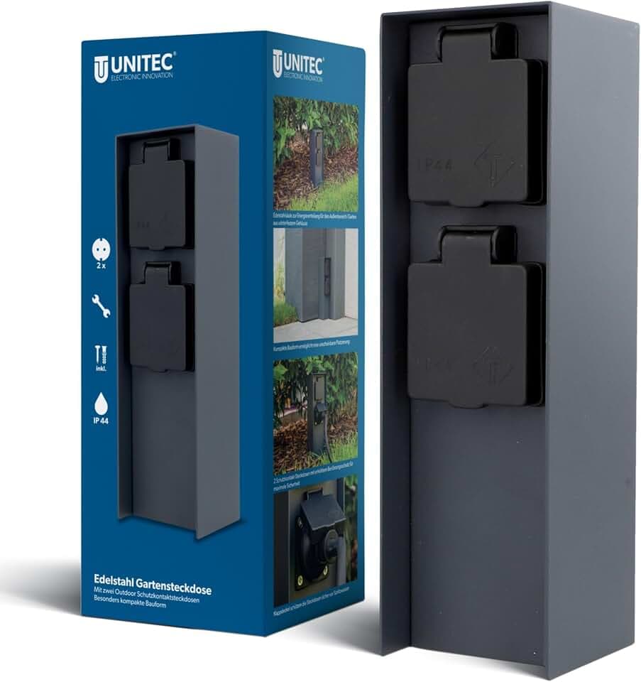 UNITEC Steckdosenverteiler für den Garten, Steckdosensäule, Außensteckdose, Edelstahl IP 44, 2 Steckdosen