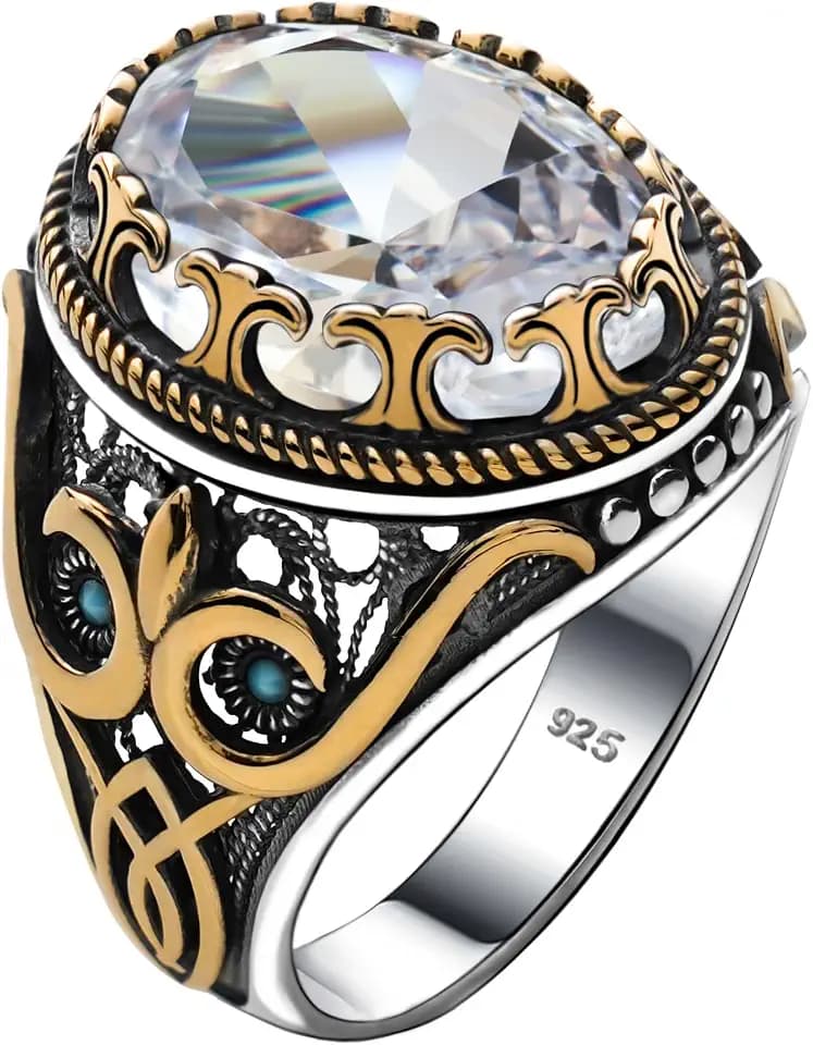 Alpha Rock Genuine Solid 925 Sterling Silver Accented with Bronze and Stone, Authentic Vintage Turkish Ottoman Style Ring for Men