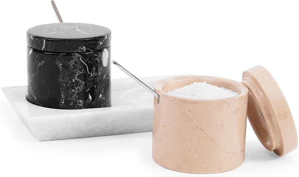 Radicaln Marmor-Salzkeller mit Deckel, 7,6 cm, Verona und Schwarz, handgefertigt, Set mit 2 Gewürzgläsern und Gewürzbehältern für die Küchenarbeitsplatte, ideale Zuckerdose und Salzschale für den