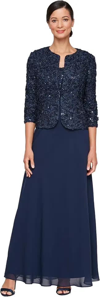 Alex Evenings Women's Long Empire Waist, Two Piece Mother of The Bride Dress with Lace Jacket (Petite and Regular Sizes)