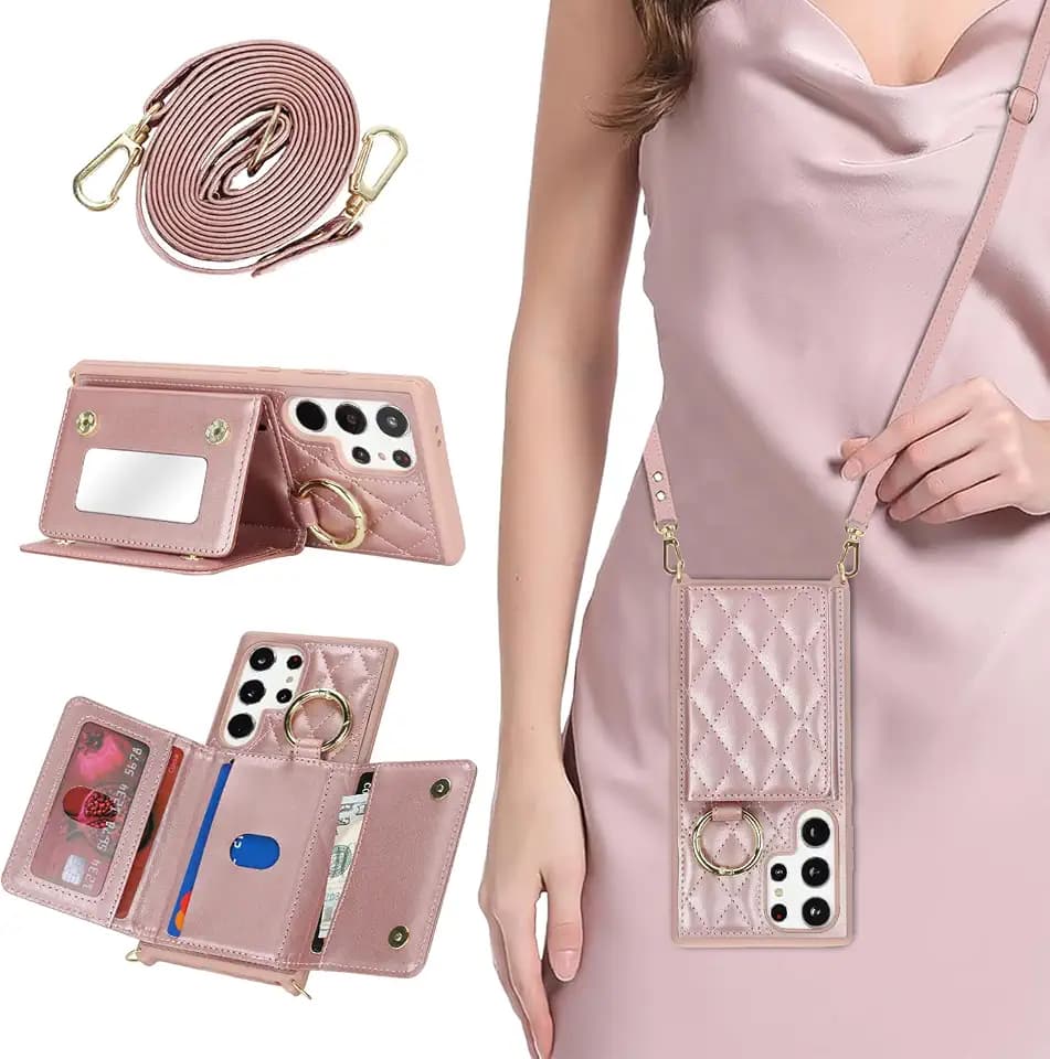 for Galaxy S24 Ultra Case with Card Holder and Strap, Dark Rose Gold